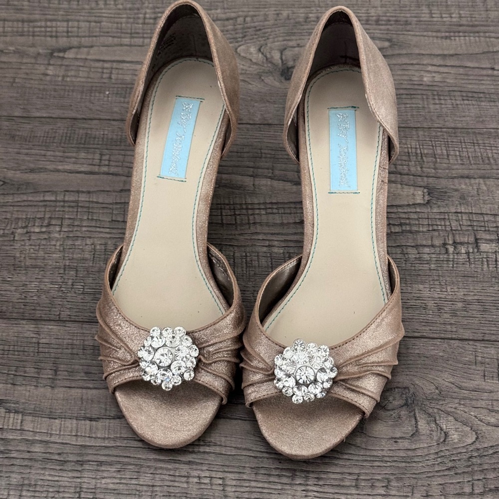 Blue by Betsey Johnson Champagne Metallic Rhinestone Peep Toe Kitten Heels